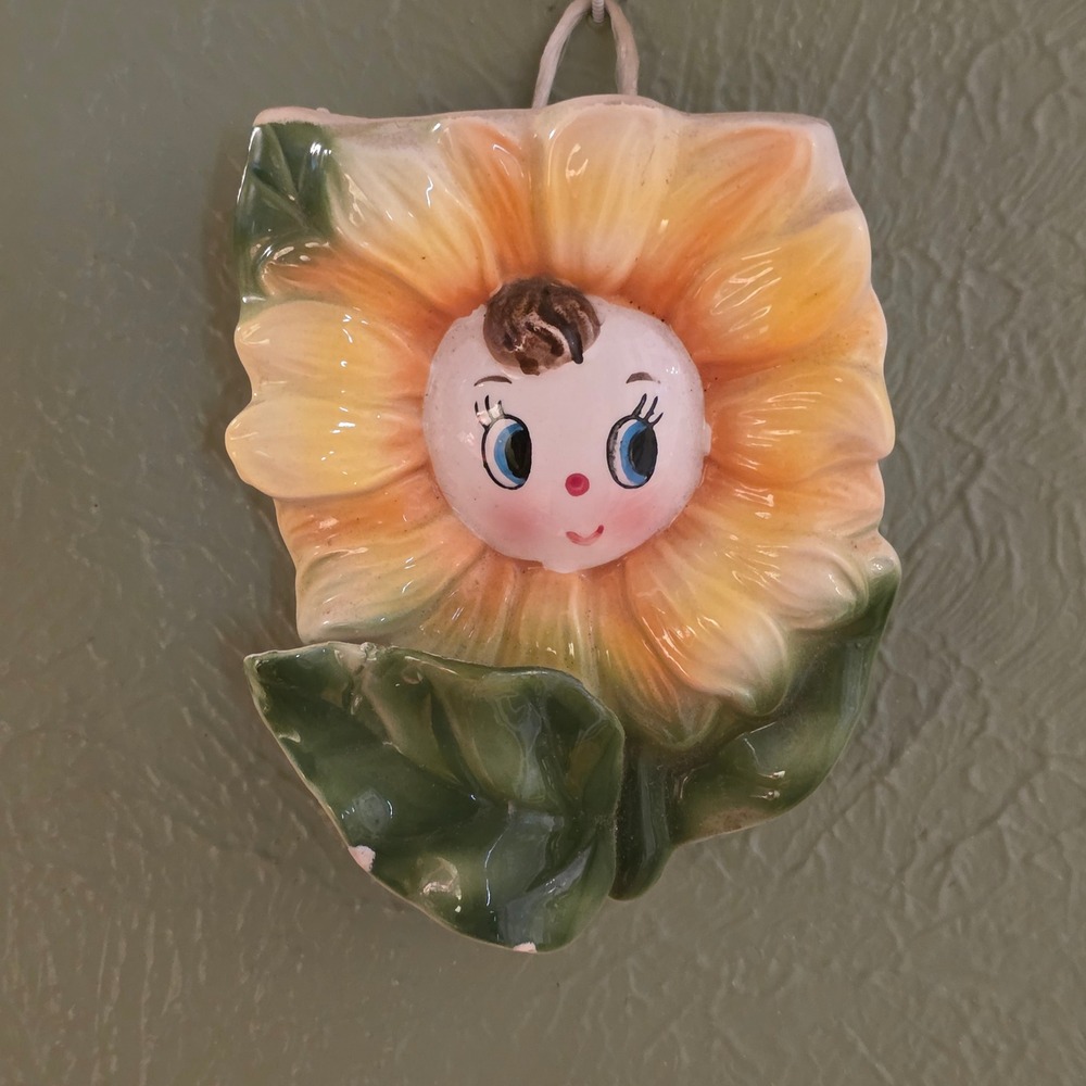 Vintage Baby Sunflower Face Wall Pocket Planter Anthropomorphic Japan MCM